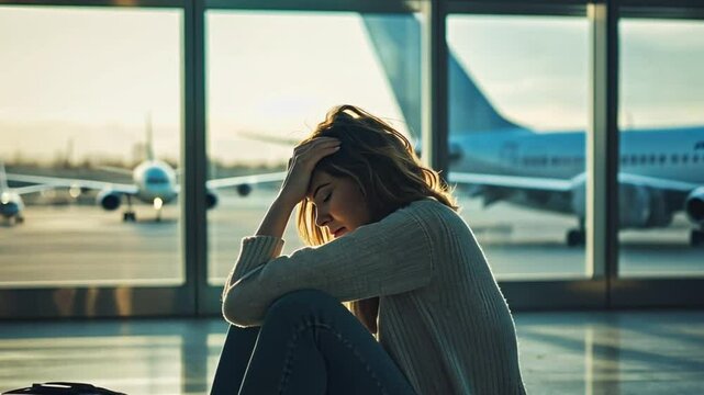 Sad (tired) woman sitting in the airport - missed or cancelled flight concept.