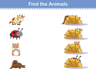 Find Hiding Animals. Child Exercise Sheet with wild animals. Printable worksheet. Cartoon vector illustration