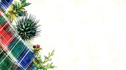 Watercolor thistle, plaid, and greenery border on white background.