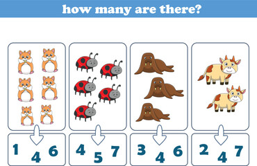 Counting game of wild animals for preschool kids. Printable. Vector Illustration