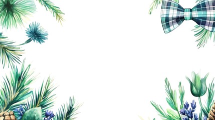 Watercolor winter floral frame with bow tie.