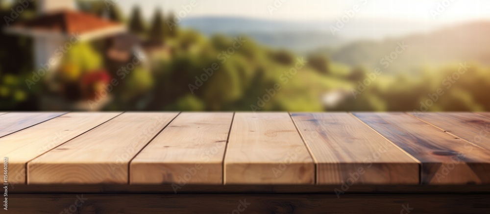 Poster empty wooden table against scenic background of nature with soft light shining on surface highlighti