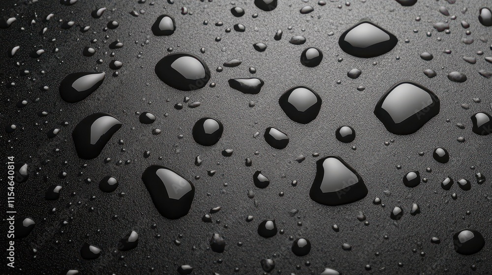 Poster mesmerizing macro, water droplets on a black surface reflecting light in abstract patterns