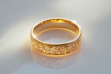 A gold ring with delicate filigree resting on a smooth white background, illuminated by sharp, vibrant reflections. contrast, white background, well-lit, sharp, 