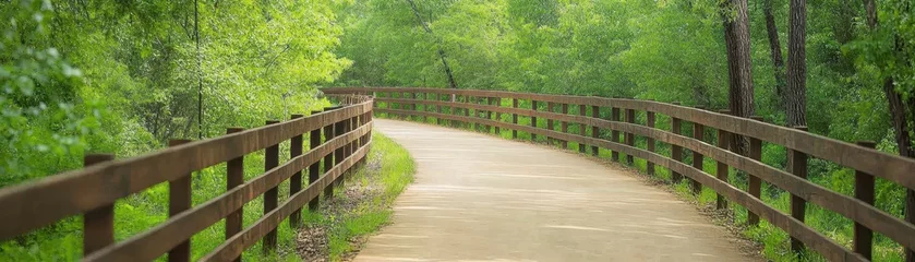 Fototapete Rund Tranquil wooden bridge crossing a serene forest stream, scenic nature escape © admin_design