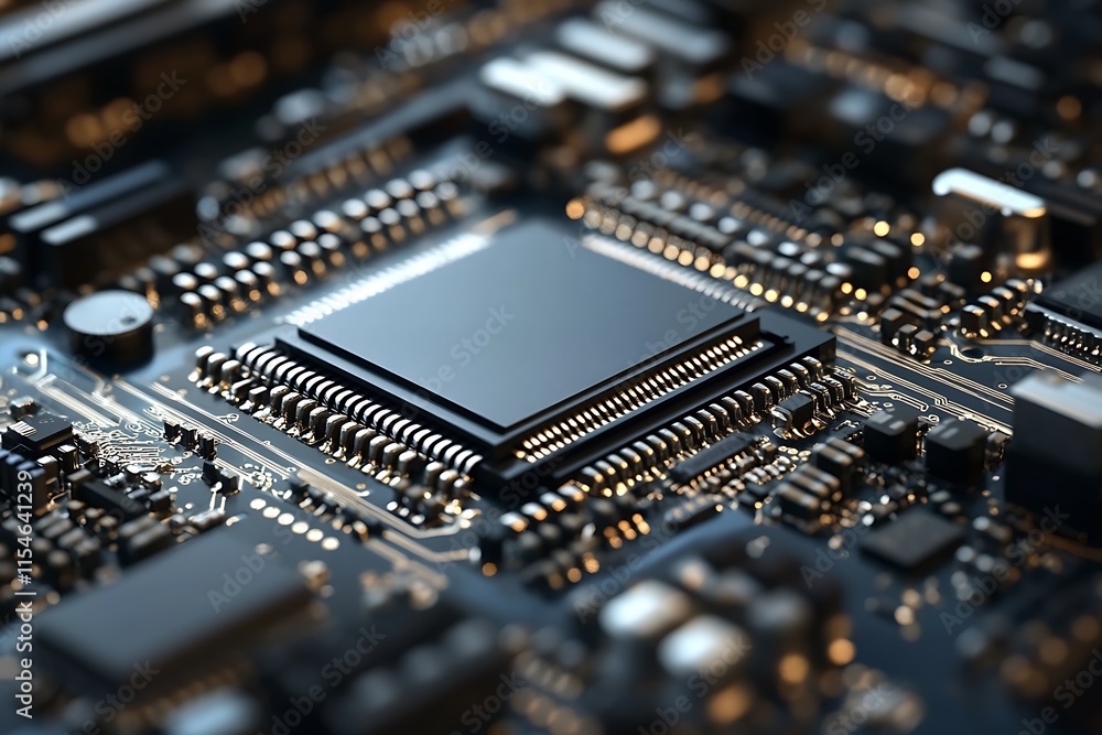 Poster close up of a circuit board with a microprocessor. concept of technology, innovation, and electronic