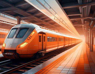 Fototapeta premium ゲーム背景 未来的な特急列車が走る夕焼けの停車駅