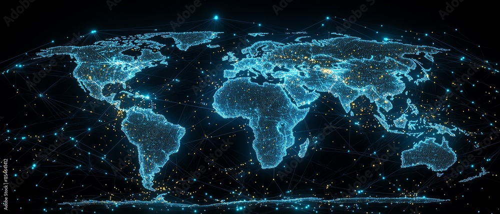 Aufkleber telecommunication pixel world map with glowing digital dots and lines, dark background, 3d visualiza