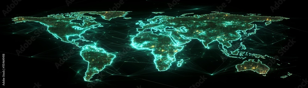 Poster telecommunicationinspired 3d pixel world map with glowing dots and digital lines on a dark backdrop,