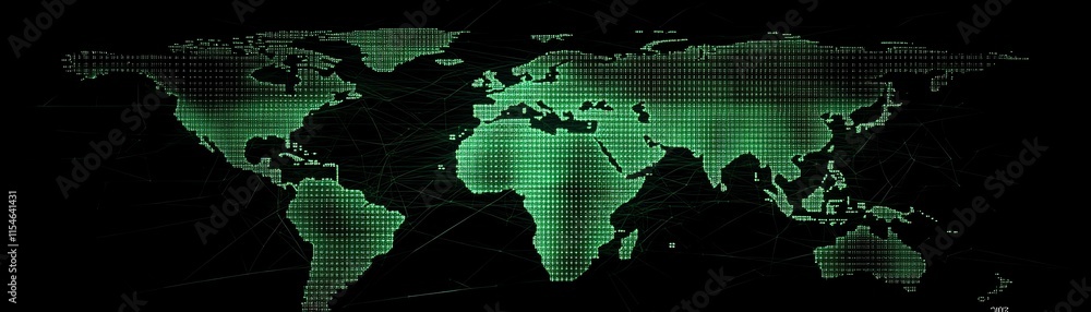 Poster telecommunicationinspired 3d pixel world map with glowing dots and digital lines on a dark backdrop,