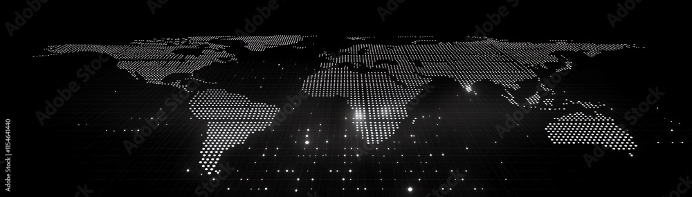 Poster telecommunicationinspired 3d pixel world map with glowing dots and digital lines on a dark backdrop,