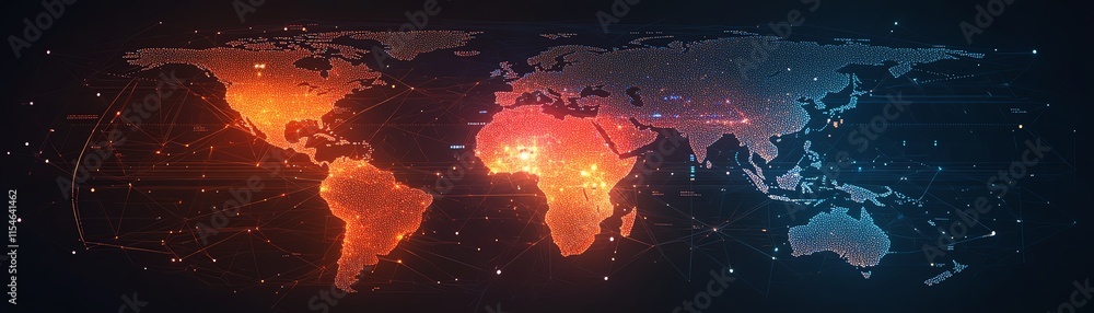 Poster telecommunicationinspired 3d pixel world map with glowing dots and digital lines on a dark backdrop,