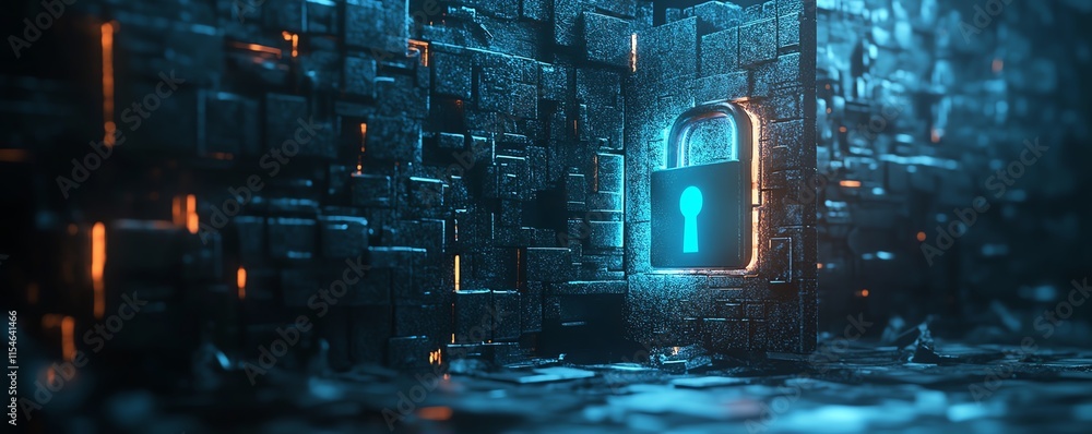 Poster unlock system and cyber security concept with a 3d digital padlock and glowing blue keys, perspectiv