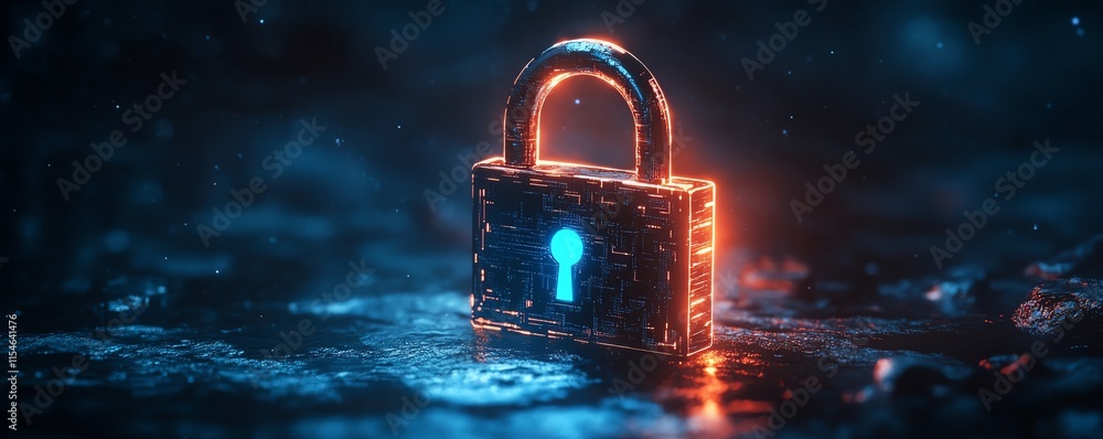 Poster unlock system and cyber security concept with a 3d digital padlock and glowing blue keys, perspectiv