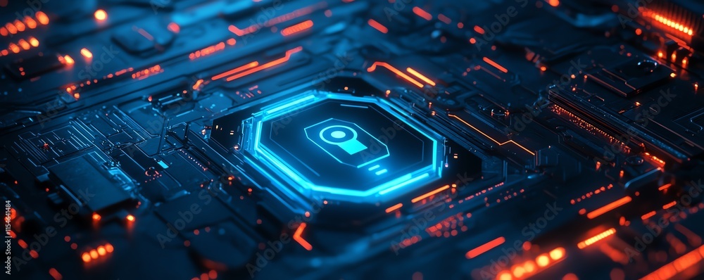 Poster unlock system and cyber security concept with a 3d digital padlock and glowing blue keys, perspectiv