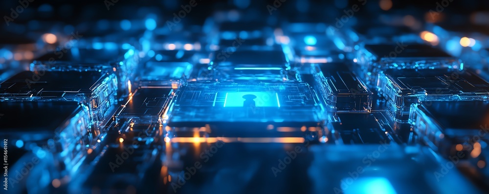 Poster unlock system and cyber security concept with a 3d digital padlock and glowing blue keys, perspectiv