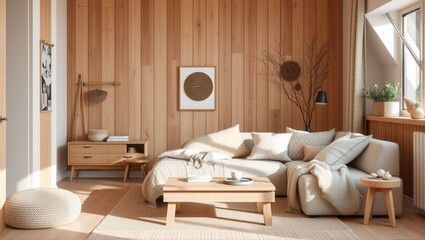 A cozy modern living room with wooden panel walls, a comfortable sofa, and minimalist decor, showcasing natural light and a warm, inviting atmosphere. Generative, AI,