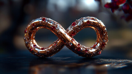 Rose gold infinity symbol with red gemstones.