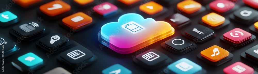 Poster 3d rendering of a bright digital cloud icon surrounded by social symbols, representing digital servi