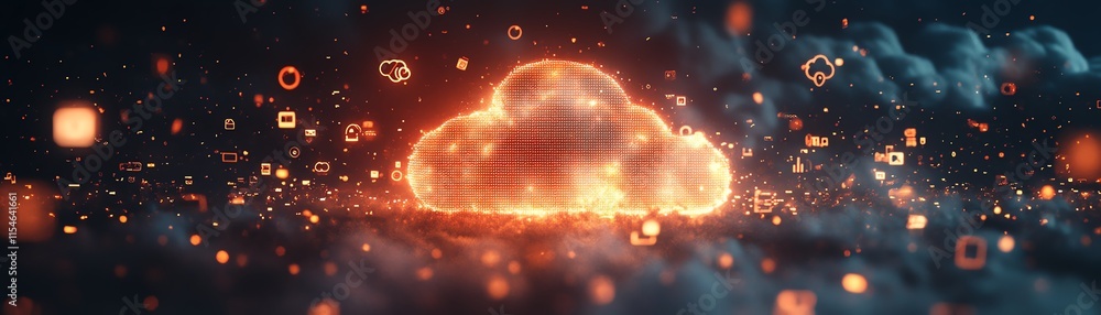 Poster 3d rendering of a bright digital cloud icon surrounded by social symbols, representing digital servi