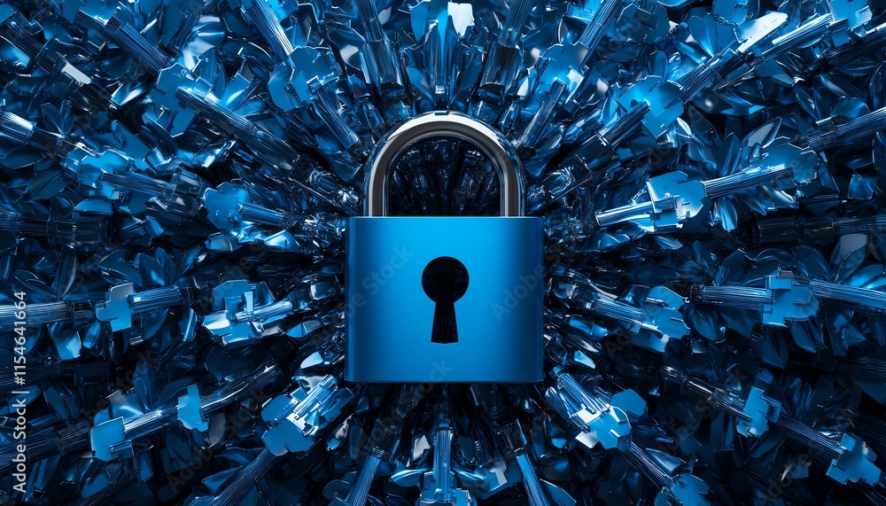Poster 3d rendering of a close padlock surrounded by blue keys, cyber security unlock system concept, moder