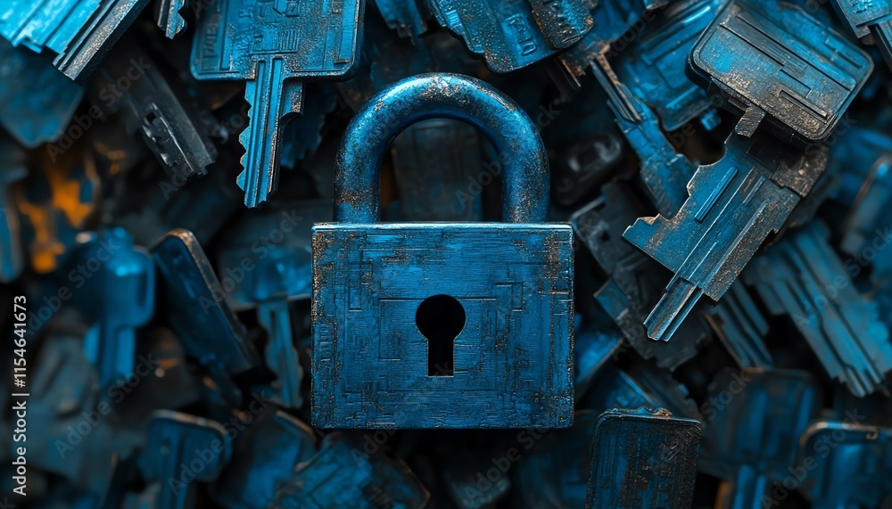 Poster 3d rendering of a close padlock surrounded by blue keys, cyber security unlock system concept, moder