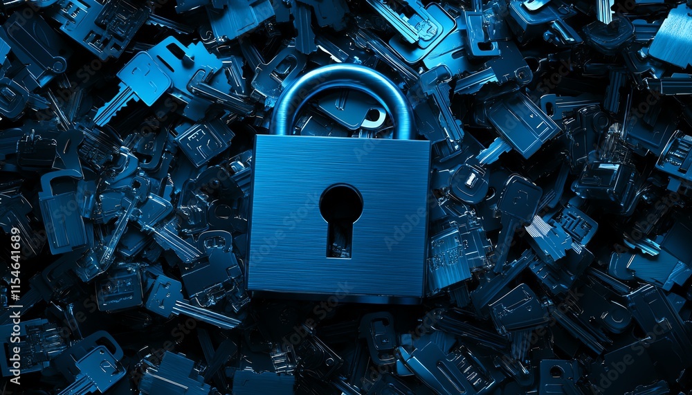 Poster 3d rendering of a close padlock surrounded by blue keys, cyber security unlock system concept, moder