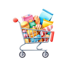 Colorful Watercolor Shopping Cart with Toys and Goods