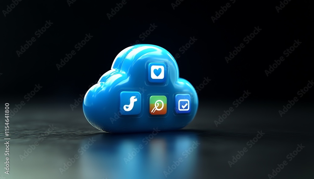 Poster 3d rendering of a digital cloud icon with social symbols, data applications and digital services con