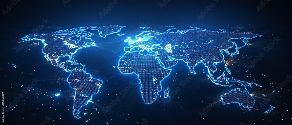 Poster 3d world map with telecommunication dots and glowing lines, dark background, pixelated design, futur