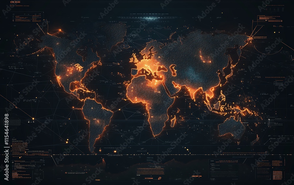 Poster 3drendered telecommunication world map with digital dots and interconnected lines on a dark backgrou