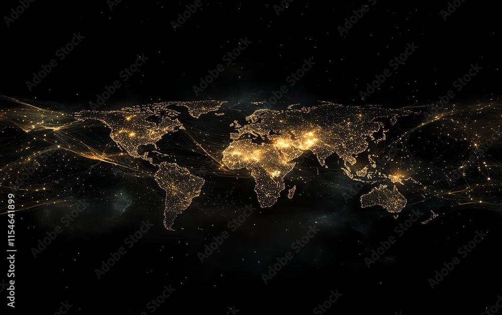 Poster 3drendered telecommunication world map with digital dots and interconnected lines on a dark backgrou