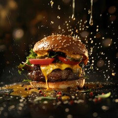 A tasty cheeseburger with lettuce, tomato, onion, and sesame bun, isolated on a white background