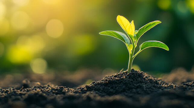 New plant sprouting in rich soil during golden hour sunlight, showcasing the beauty of growth in nature.