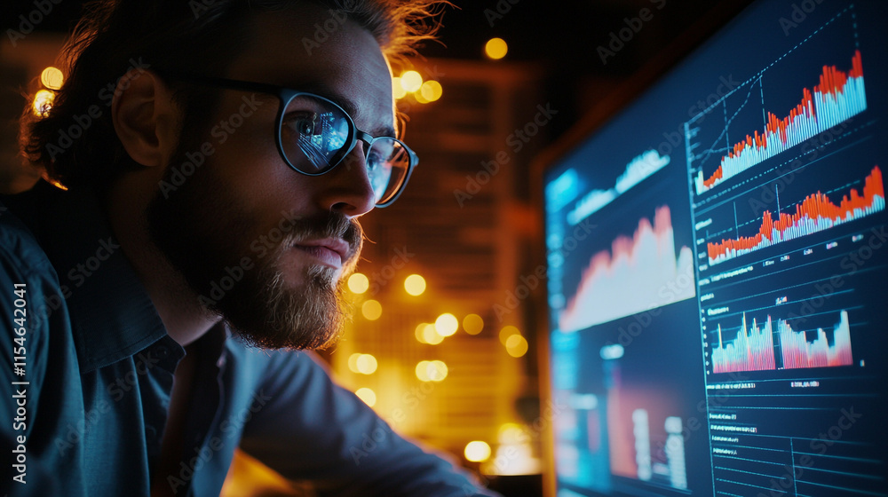 Poster young analyst monitors data trends and graphs in a modern workspace with ambient lighting during eve