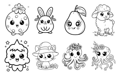 Coloring book pages  cute cartoon characters. Outline illustrations