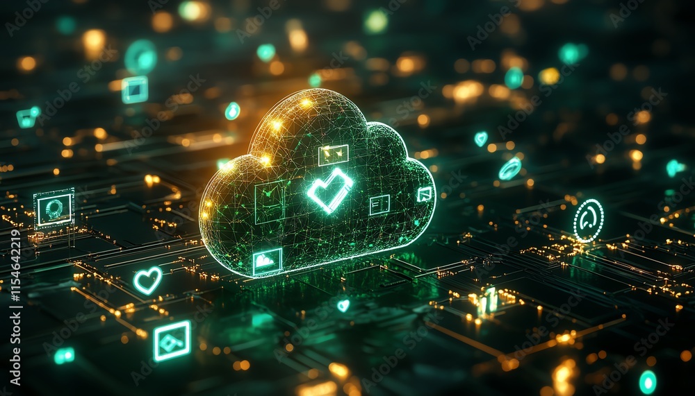 Poster bright digital cloud surrounded by social symbols, 3d data application and digital service visualiza
