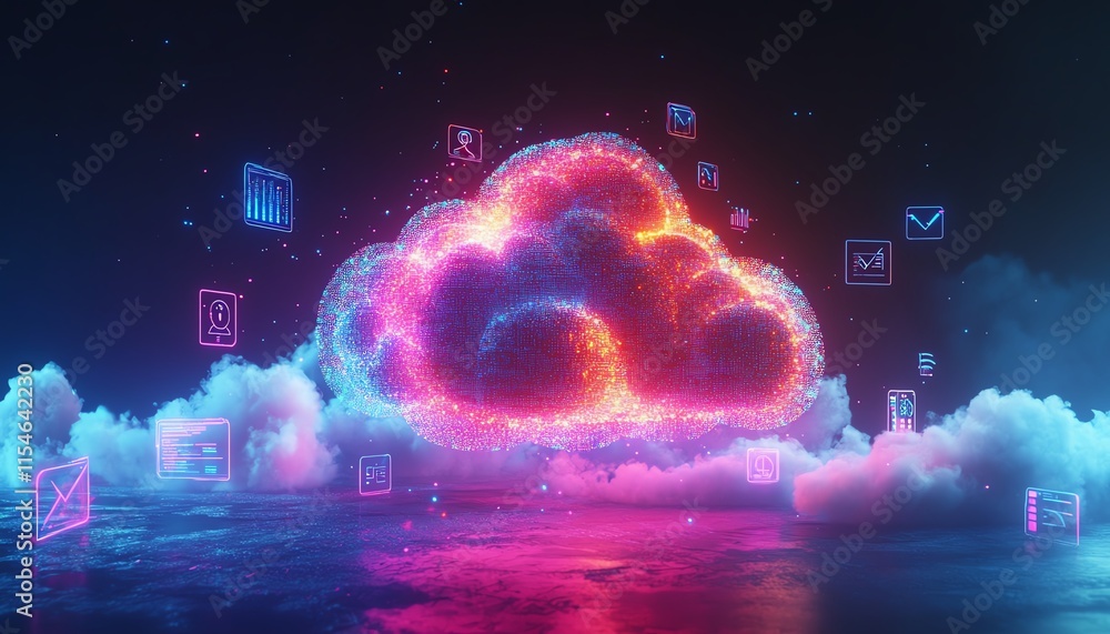 Poster bright digital cloud surrounded by social symbols, 3d data application and digital service visualiza