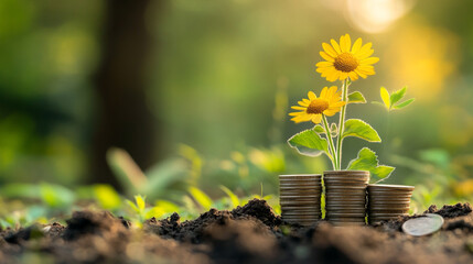 Growth of flowers from piles of coins under sunlight in a lush outdoor setting emphasizing nature...