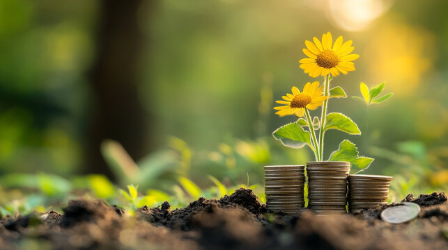 Fototapeta Growth of flowers from piles of coins under sunlight in a lush outdoor setting emphasizing nature and wealth.