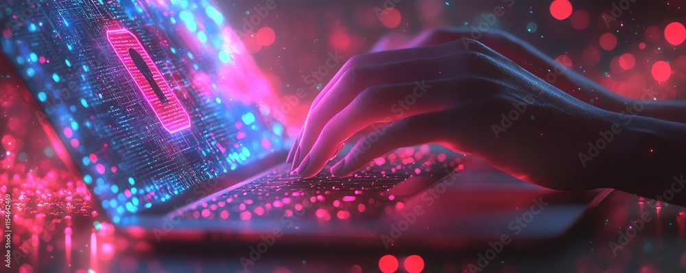 Aufkleber cybersecurity concept with hands typing on a laptop keyboard, digital lock hologram on a bokeh light