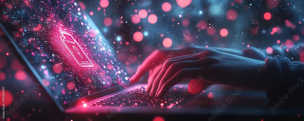Poster cybersecurity concept with hands typing on a laptop keyboard, digital lock hologram on a bokeh light