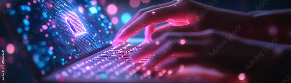 Poster cybersecurity concept with hands typing on a laptop keyboard, digital lock hologram on a bokeh light