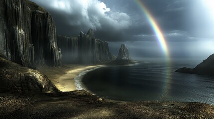 Dramatic coastal landscape with rainbow after storm.