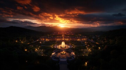Fototapeta premium Sunset over the Illuminated Palace and Gardens