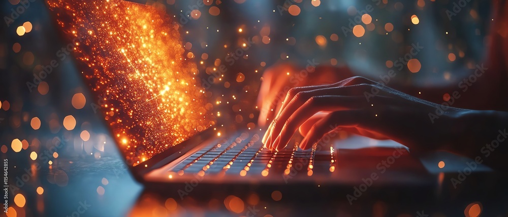 Poster digital lock hologram appearing as hands type on a laptop keyboard, cybersecurity concept, bokeh lig