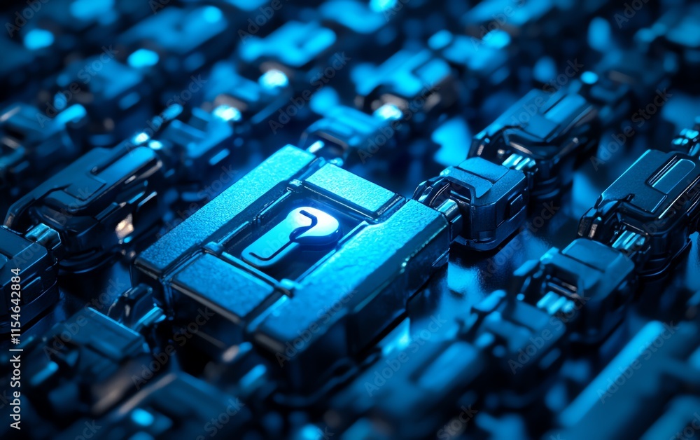 Poster digital padlock surrounded by blue keys, perspective view, 3d cyber security and unlock system desig