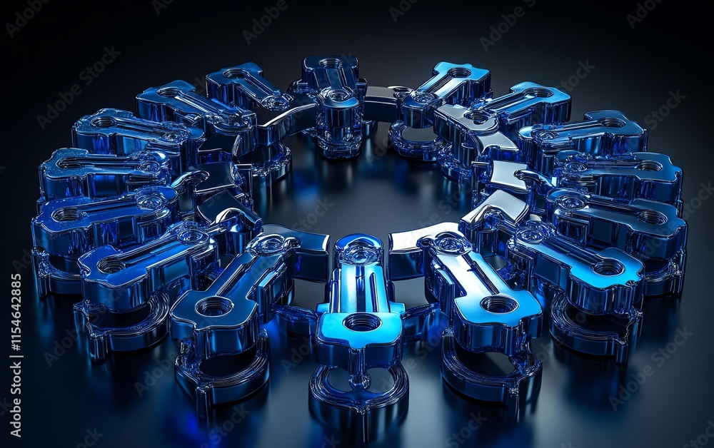Poster digital padlock surrounded by blue keys, perspective view, 3d cyber security and unlock system desig