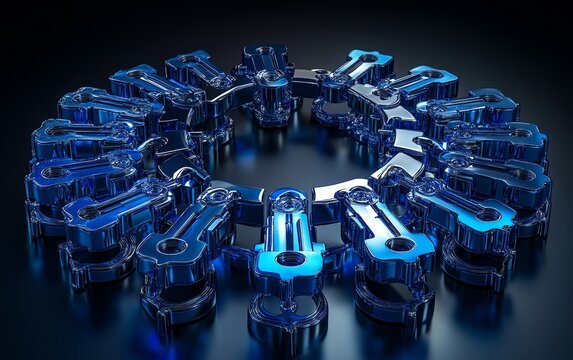 Digital padlock surrounded by blue keys, perspective view, 3D cyber security and unlock system design on a dark abstract background