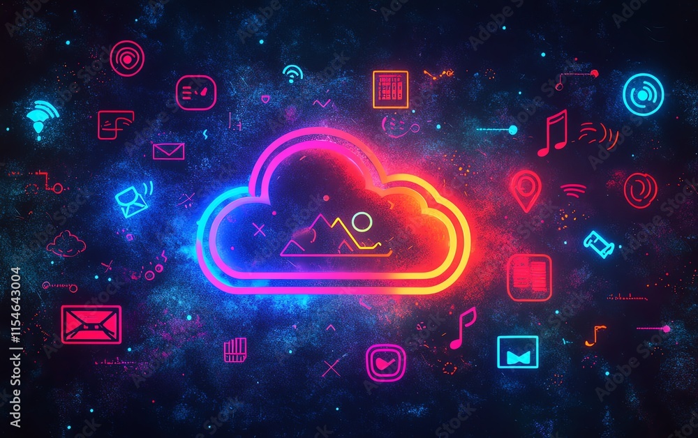 Poster digital service or data application concept with a bright digital cloud icon surrounded by social sy